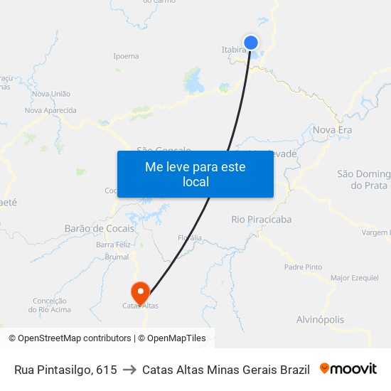 Rua Pintasilgo, 615 to Catas Altas Minas Gerais Brazil map