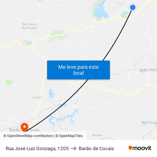 Rua José Luiz Gonzaga, 1205 to Barão de Cocais map