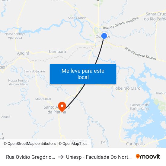 Rua Ovídio Gregório De Jesus, 69 to Uniesp - Faculdade Do Norte Pioneiro Fanorpi map