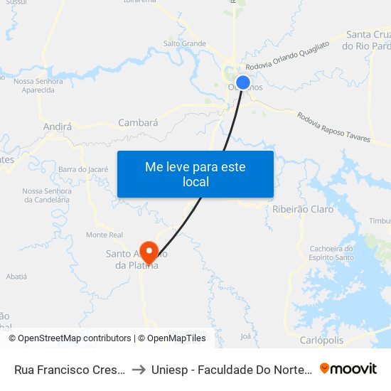 Rua Francisco Crespo, 305-359 to Uniesp - Faculdade Do Norte Pioneiro Fanorpi map
