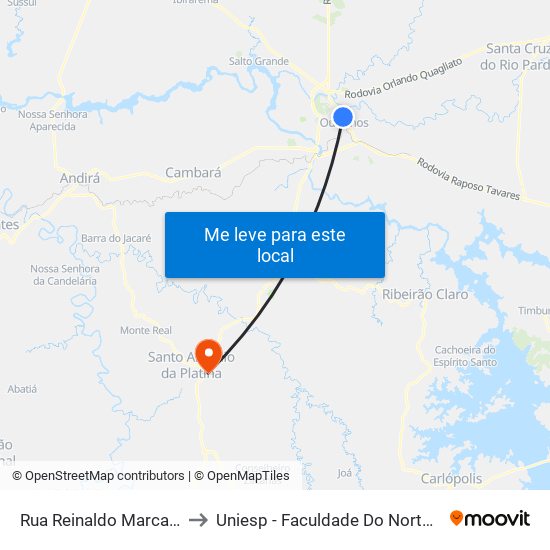 Rua Reinaldo Marcante, 100-106 to Uniesp - Faculdade Do Norte Pioneiro Fanorpi map