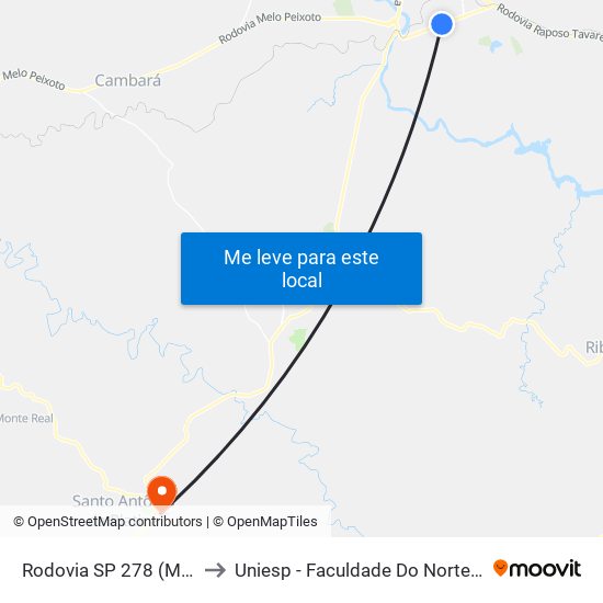 Rodovia SP 278 (Mello Peixoto) to Uniesp - Faculdade Do Norte Pioneiro Fanorpi map