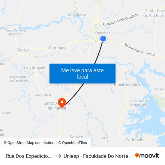 Rua Dos Expedicionários, 1860 to Uniesp - Faculdade Do Norte Pioneiro Fanorpi map