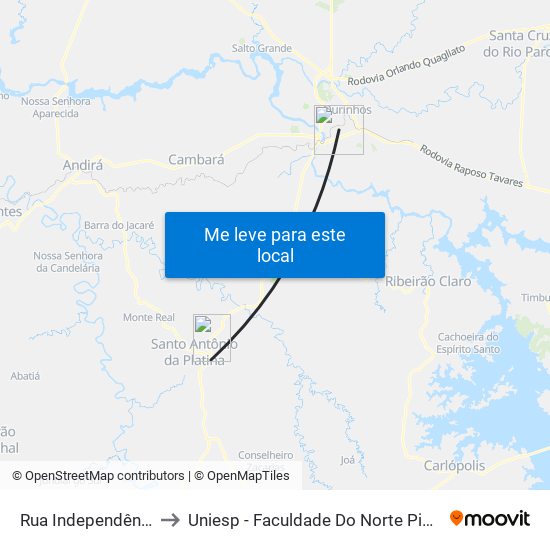 Rua Independência, 233 to Uniesp - Faculdade Do Norte Pioneiro Fanorpi map