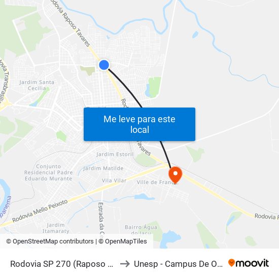 Rodovia SP 270 (Raposo Tavares) to Unesp - Campus De Ourinhos map