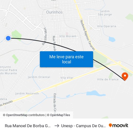 Rua Manoel De Borba Gato, 99 to Unesp - Campus De Ourinhos map