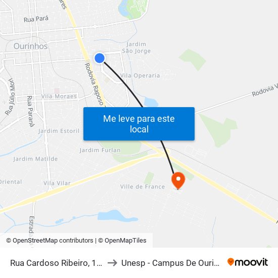 Rua Cardoso Ribeiro, 1620 to Unesp - Campus De Ourinhos map