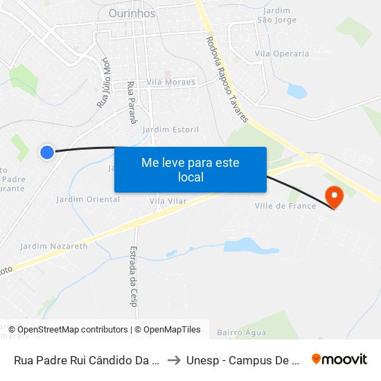 Rua Padre Rui Cândido Da Silva, 407 to Unesp - Campus De Ourinhos map
