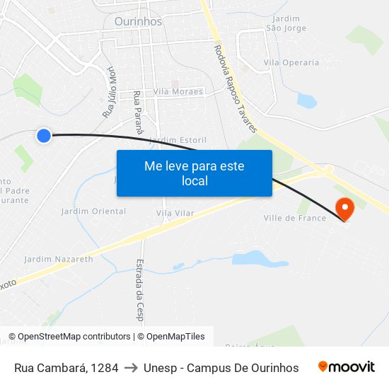 Rua Cambará, 1284 to Unesp - Campus De Ourinhos map