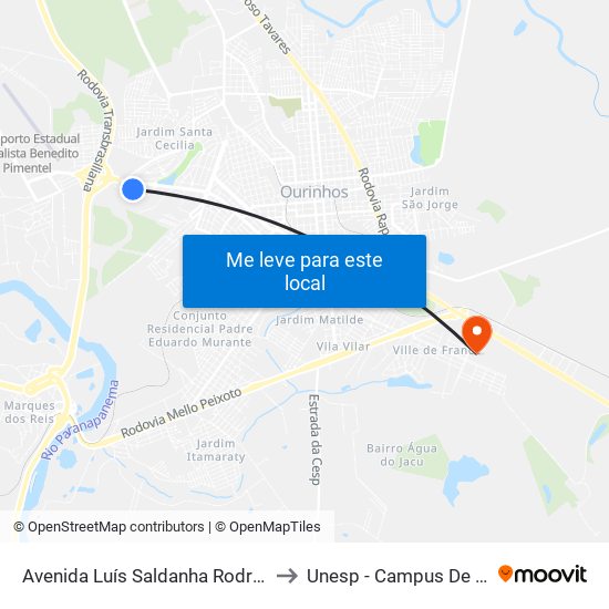 Avenida Luís Saldanha Rodrigues, 2651 to Unesp - Campus De Ourinhos map