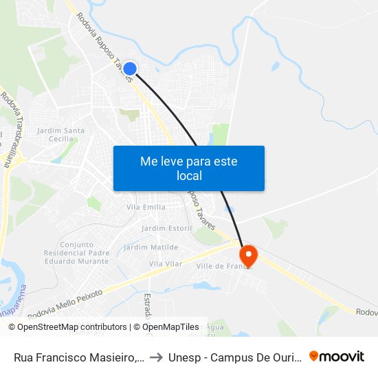 Rua Francisco Masieiro, 414 to Unesp - Campus De Ourinhos map