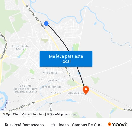 Rua José Damasceno, 120 to Unesp - Campus De Ourinhos map