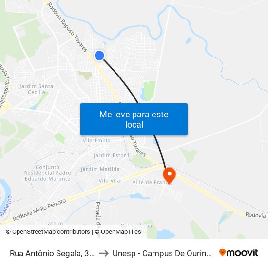 Rua Antônio Segala, 331 to Unesp - Campus De Ourinhos map