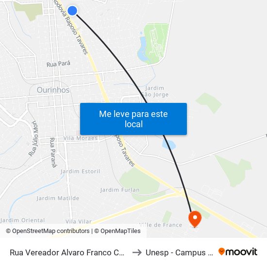 Rua Vereador Alvaro Franco Camargo Aranha, 365 to Unesp - Campus De Ourinhos map