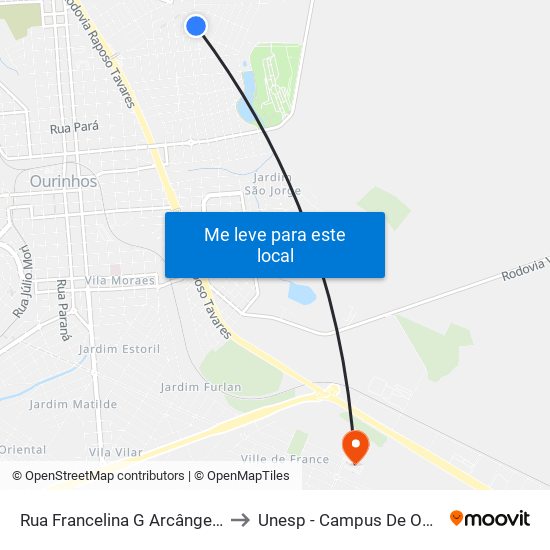 Rua Francelina G Arcângelo, 895 to Unesp - Campus De Ourinhos map