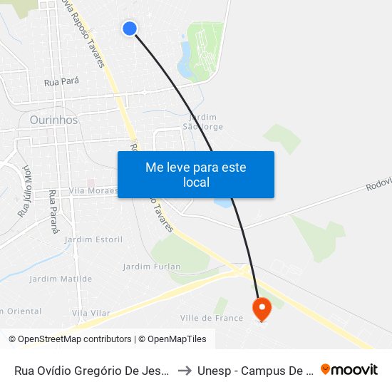 Rua Ovídio Gregório De Jesus, 412-446 to Unesp - Campus De Ourinhos map