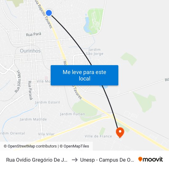 Rua Ovídio Gregório De Jesus, 69 to Unesp - Campus De Ourinhos map