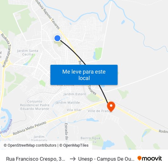 Rua Francisco Crespo, 305-359 to Unesp - Campus De Ourinhos map