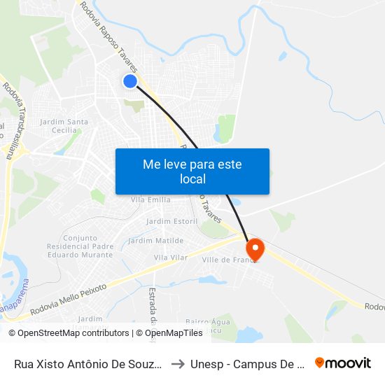 Rua Xisto Antônio De Souza, 152-238 to Unesp - Campus De Ourinhos map