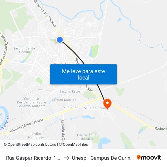 Rua Gáspar Ricardo, 1306 to Unesp - Campus De Ourinhos map