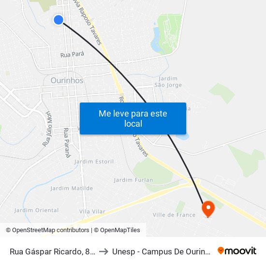 Rua Gáspar Ricardo, 892 to Unesp - Campus De Ourinhos map