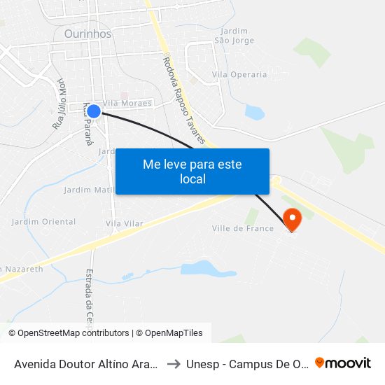 Avenida Doutor Altíno Arantes, 874 to Unesp - Campus De Ourinhos map