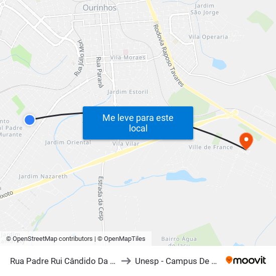 Rua Padre Rui Cândido Da Silva, 657 to Unesp - Campus De Ourinhos map