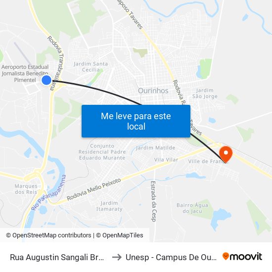 Rua Augustin Sangali Breve, 56 to Unesp - Campus De Ourinhos map