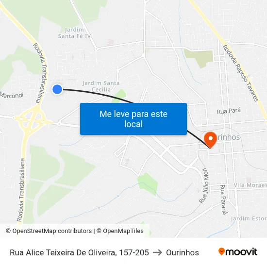 Rua Alice Teixeira De Oliveira, 157-205 to Ourinhos map