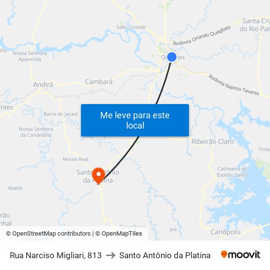 Rua Narciso Migliari, 813 to Santo Antônio da Platina map