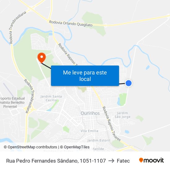 Rua Pedro Fernandes Sândano, 1051-1107 to Fatec map