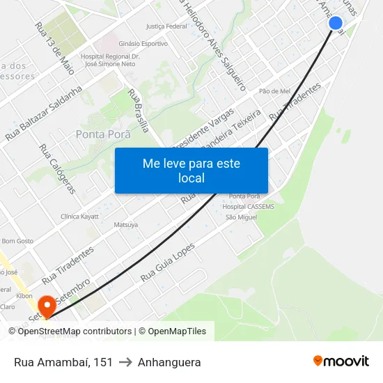 Rua Amambaí, 151 to Anhanguera map