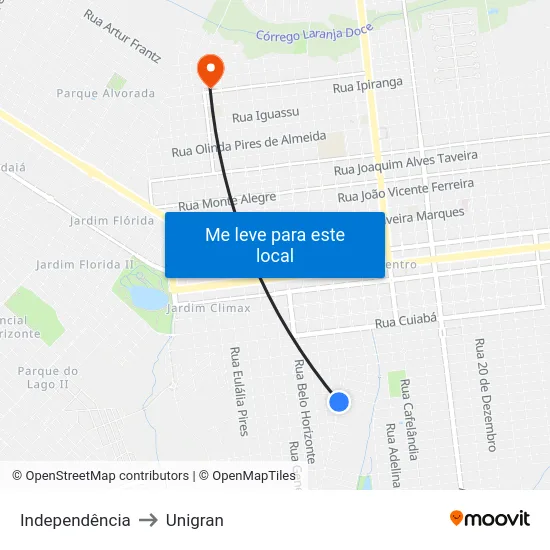 Independência to Unigran map