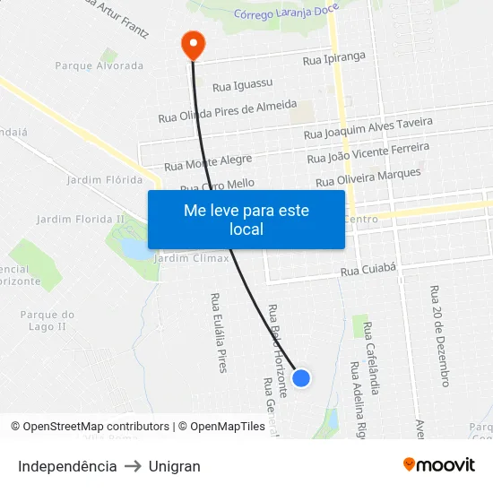 Independência to Unigran map
