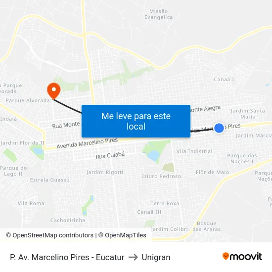 P. Av. Marcelino Pires - Eucatur to Unigran map