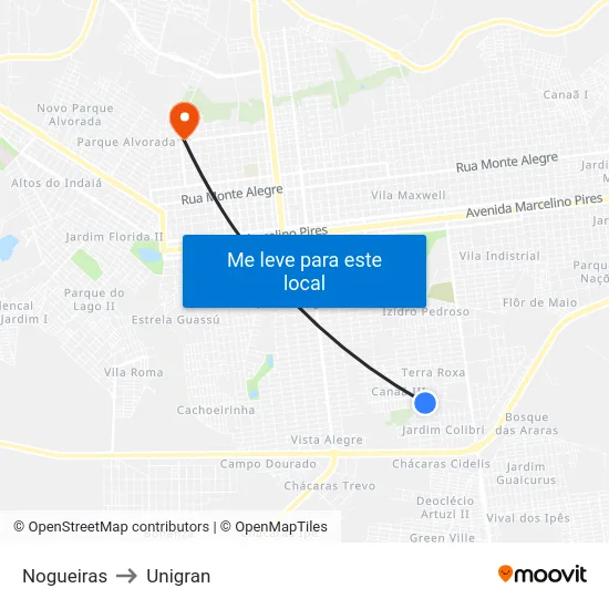 Nogueiras to Unigran map