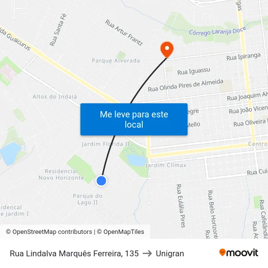 Rua Lindalva Marquês Ferreira, 135 to Unigran map