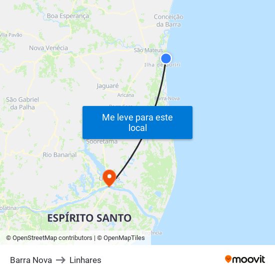 Barra Nova to Linhares map