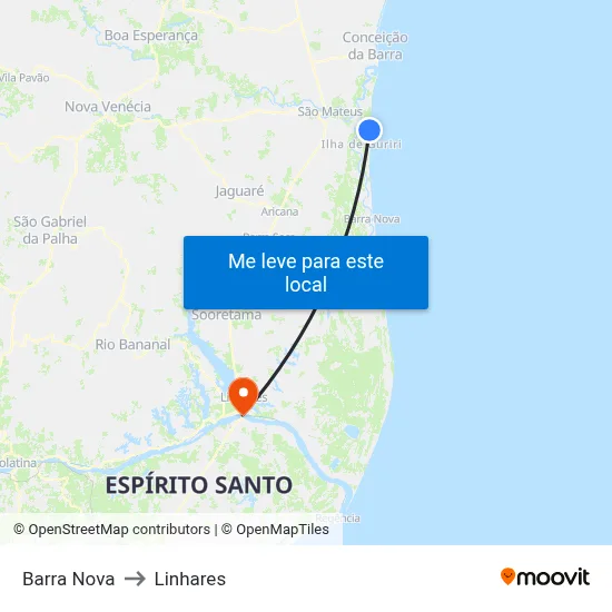 Barra Nova to Linhares map