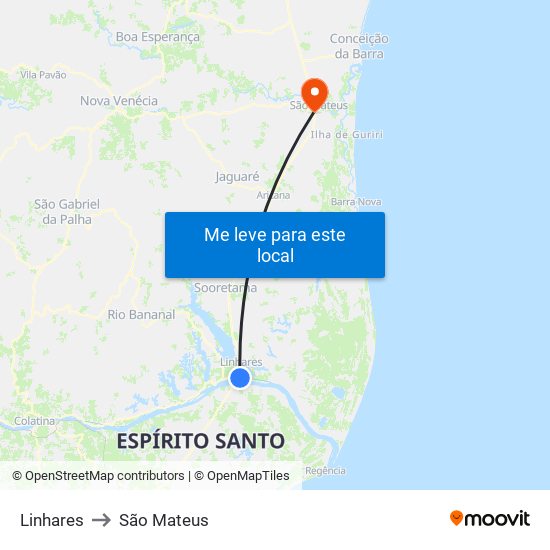 Linhares to São Mateus map