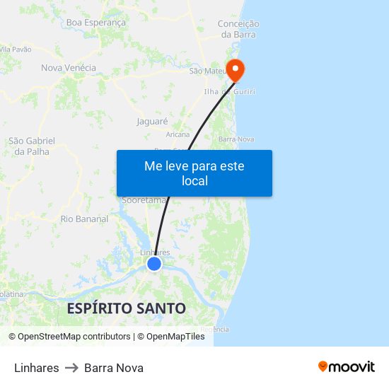 Linhares to Barra Nova map