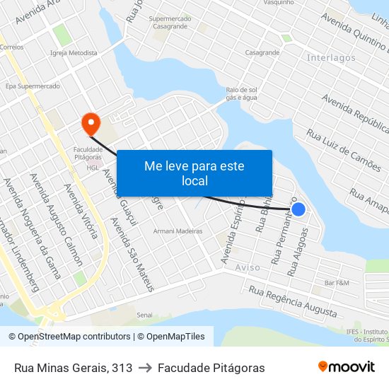 Rua Minas Gerais, 313 to Facudade Pitágoras map