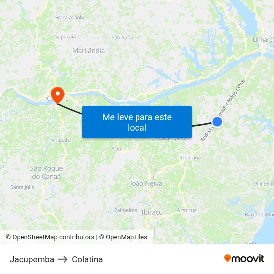 Jacupemba to Colatina map