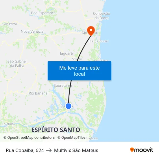 Rua Copaíba, 624 to Multivix São Mateus map