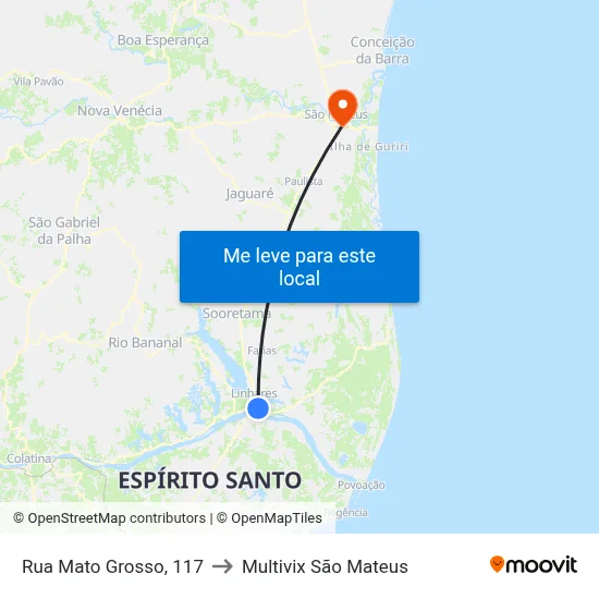 Rua Mato Grosso, 117 to Multivix São Mateus map