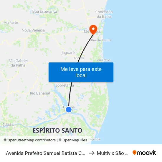 Avenida Prefeito Samuel Batista Cruz, 2831-2897 to Multivix São Mateus map