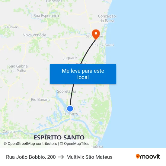 Rua João Bobbio, 200 to Multivix São Mateus map