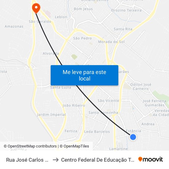 Rua José Carlos Pedro Grande, 442 to Centro Federal De Educação Técnica - Cefet - Campus Araxá map