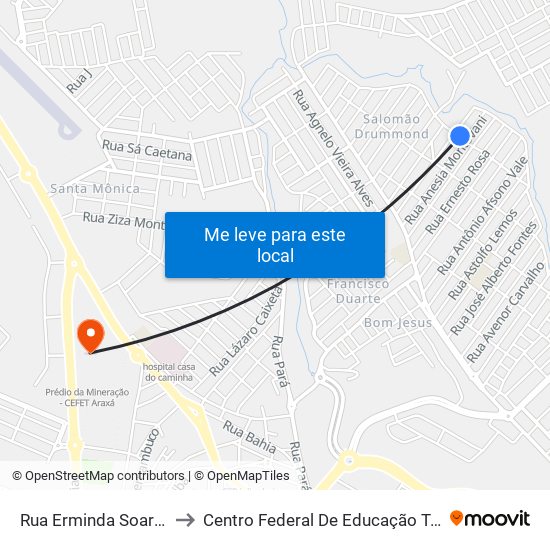 Rua Erminda Soares De Lourdes, 355 to Centro Federal De Educação Técnica - Cefet - Campus Araxá map