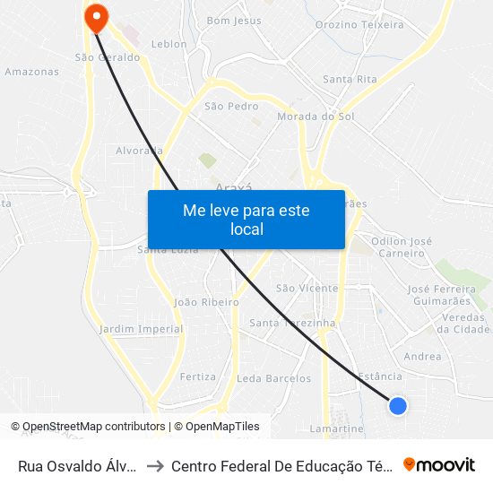 Rua Osvaldo Álvaro Da Silva, 613 to Centro Federal De Educação Técnica - Cefet - Campus Araxá map